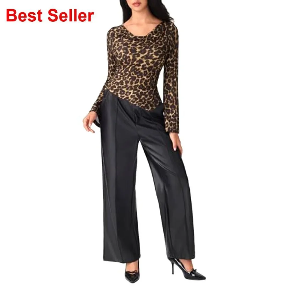 Leopard Print Long Sleeve Cowl Neck Asymmetrical Hem Slim Fit Top Women